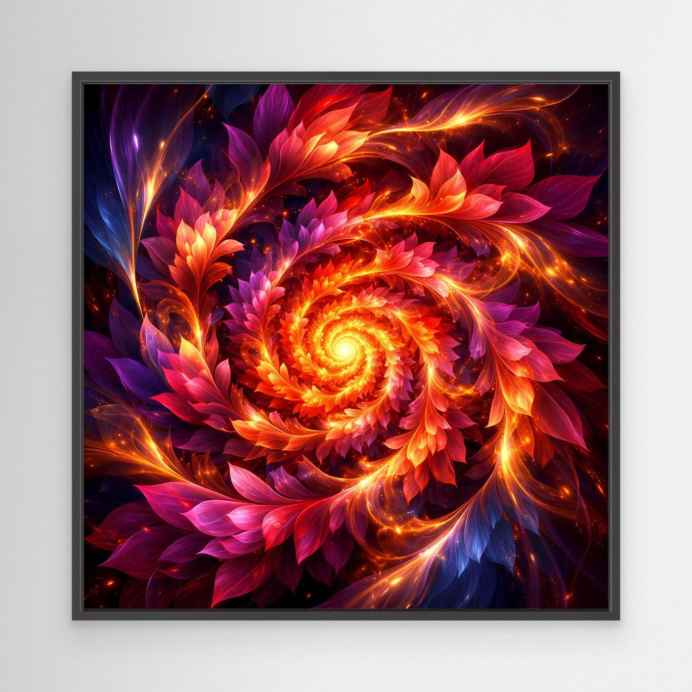Abstraktes Leinwandbild mit feuriger Spirale und schwarzem Rahmen, violett-rot-orange