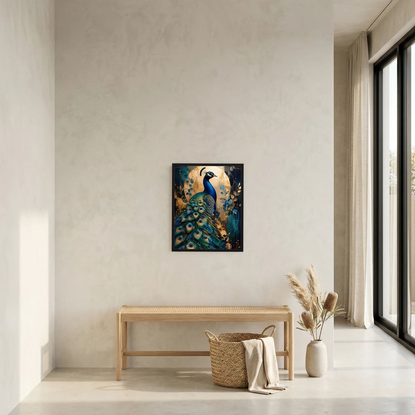 Gerahmtes Hochformat-Poster mit blauem Pfau und schimmernden, goldenen Details