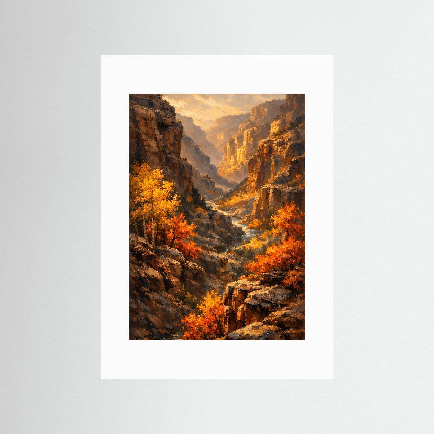 Poster mit weißem Rand: Herbst-Schlucht mit orangefarbenem Flusslauf und Felsen