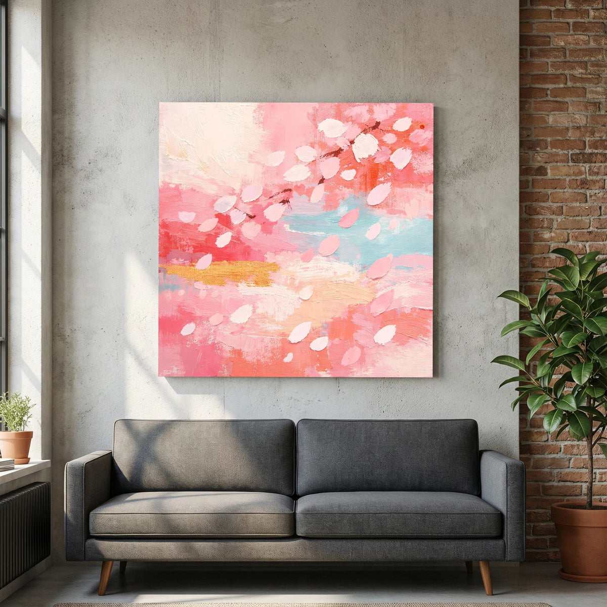 Quadratisches Leinwand-Wandbild mit abstrakten Kirschblüten in Pastellrosa und Hellblau