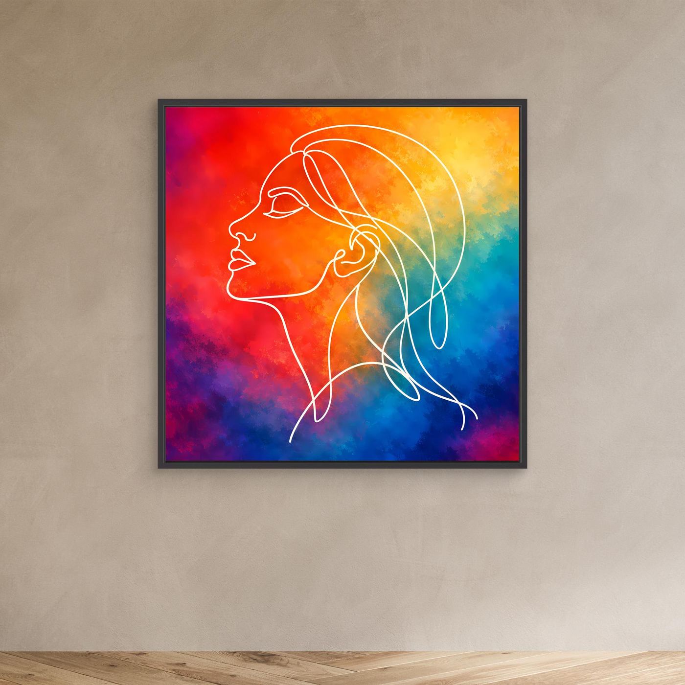 Kleines Leinwandbild Frauen-Silhouette in Line Art, buntes Aquarell, schwarzer Rahmen