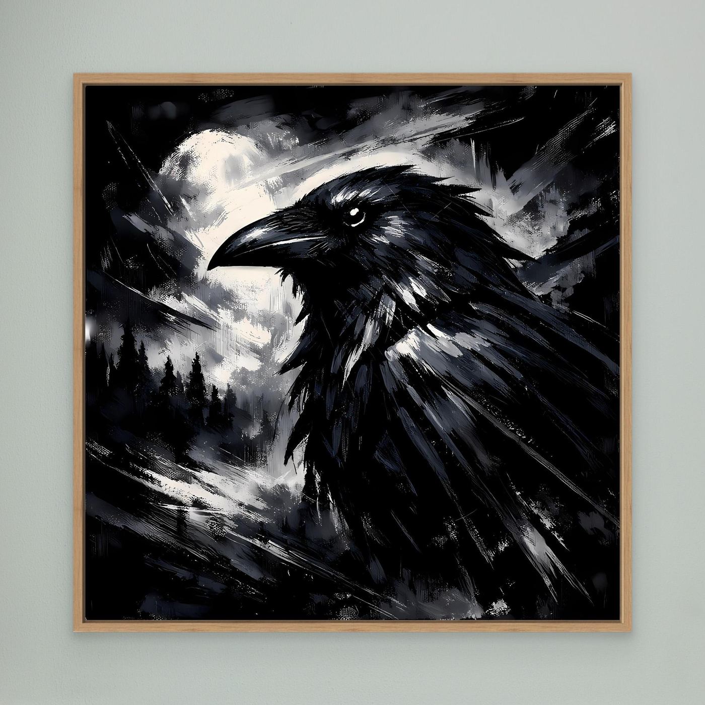 Abstraktes Leinwandbild mit schwarzem Raben im Vollmond-Stil, Holzrahmen Eiche
