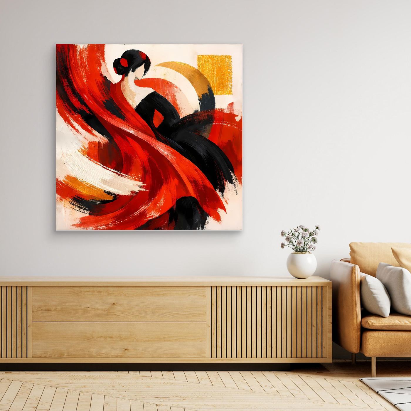Gerahmtes Leinwandbild Flamenco-Tänzerin, Rot-Schwarz-Gemälde mit Pinselspuren, Holzrahmen