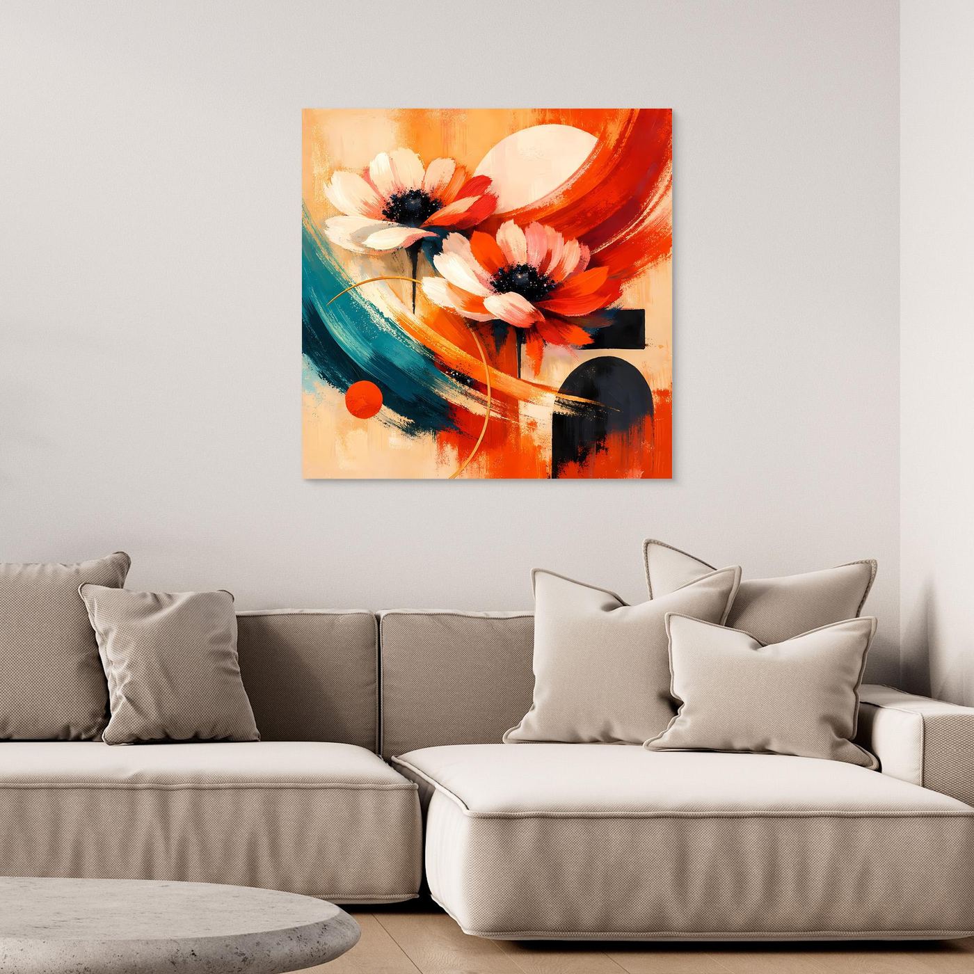 Leinwandbild mit abstrakten Anemonen in Rot, Orange, Teal und Schwarz