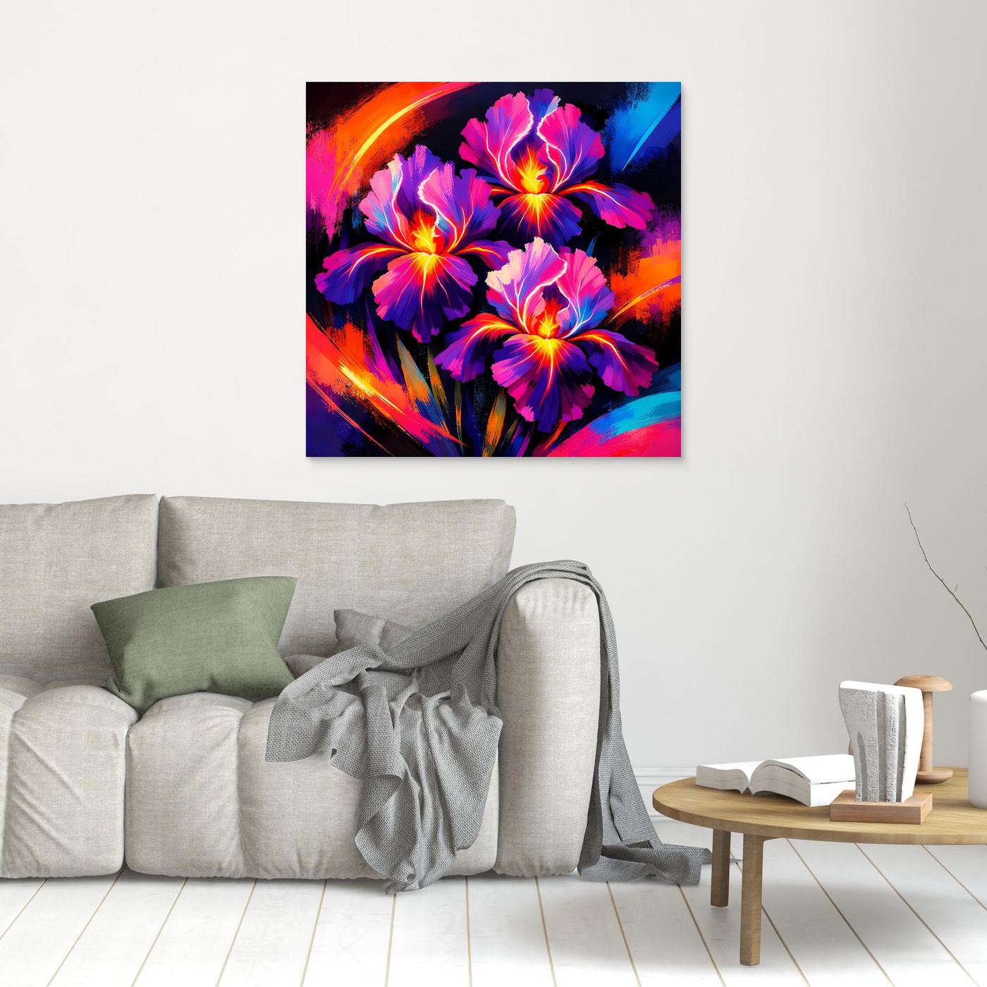 Leinwand-Wandbild mit abstrakten Irisblüten in Neonfarben, mit Rahmen