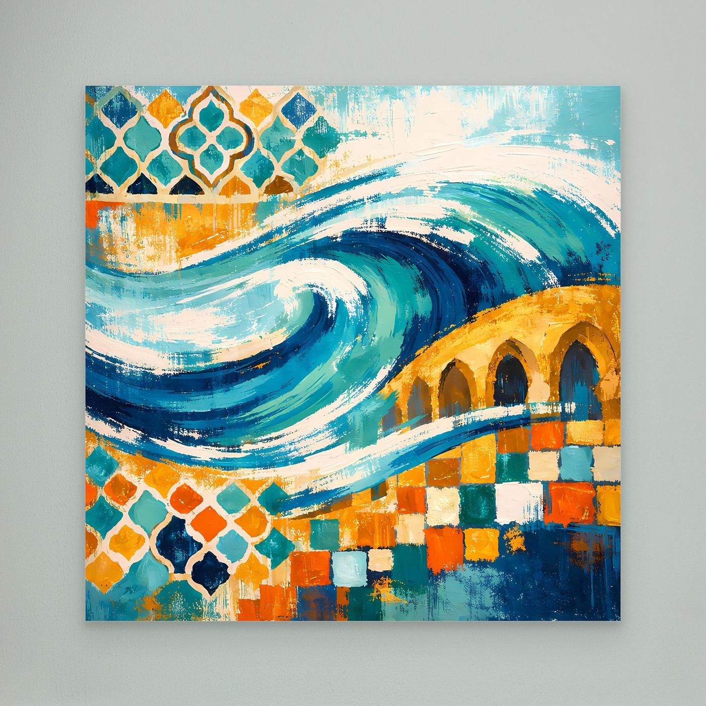 Abstraktes Wandbild auf Leinwand mit Mosaik-Ornament, Wellen in Blau und Türkis