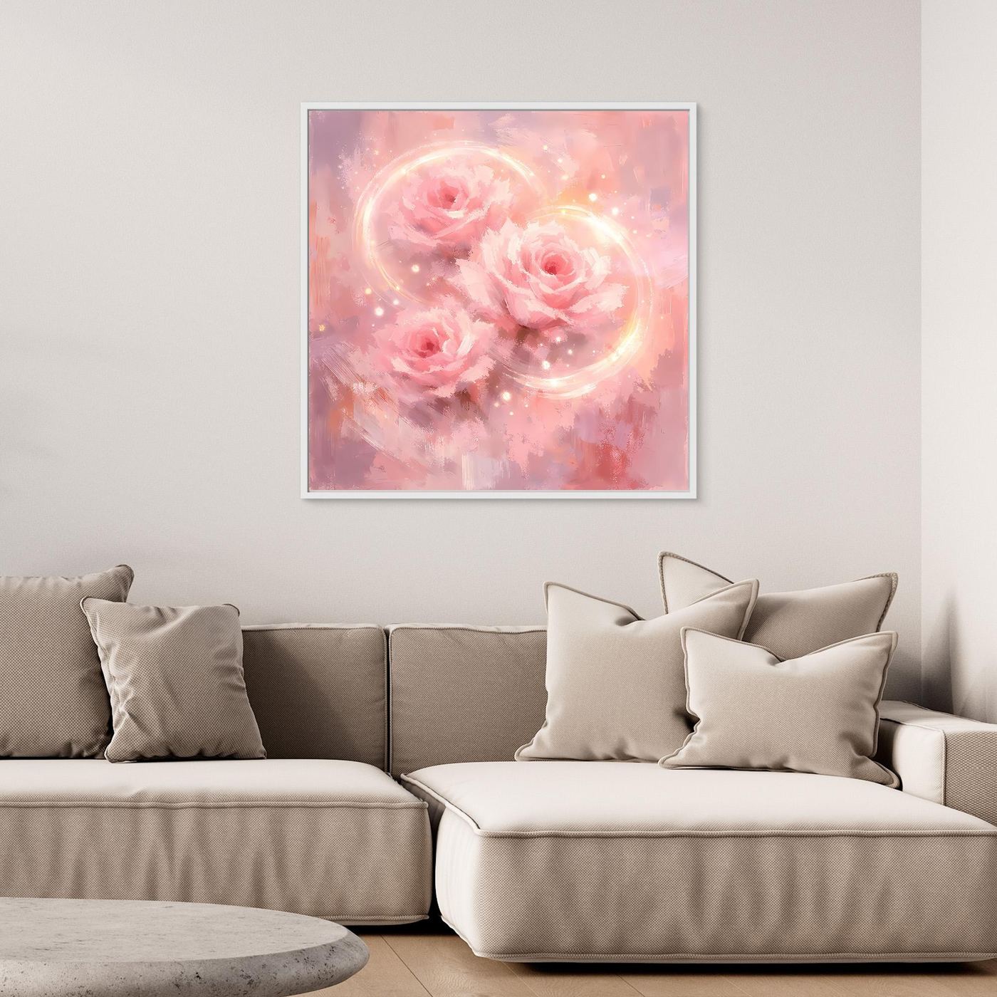 Abstraktes Leinwandbild weiß gerahmt, rosafarbene Rosen und leuchtende Kreise