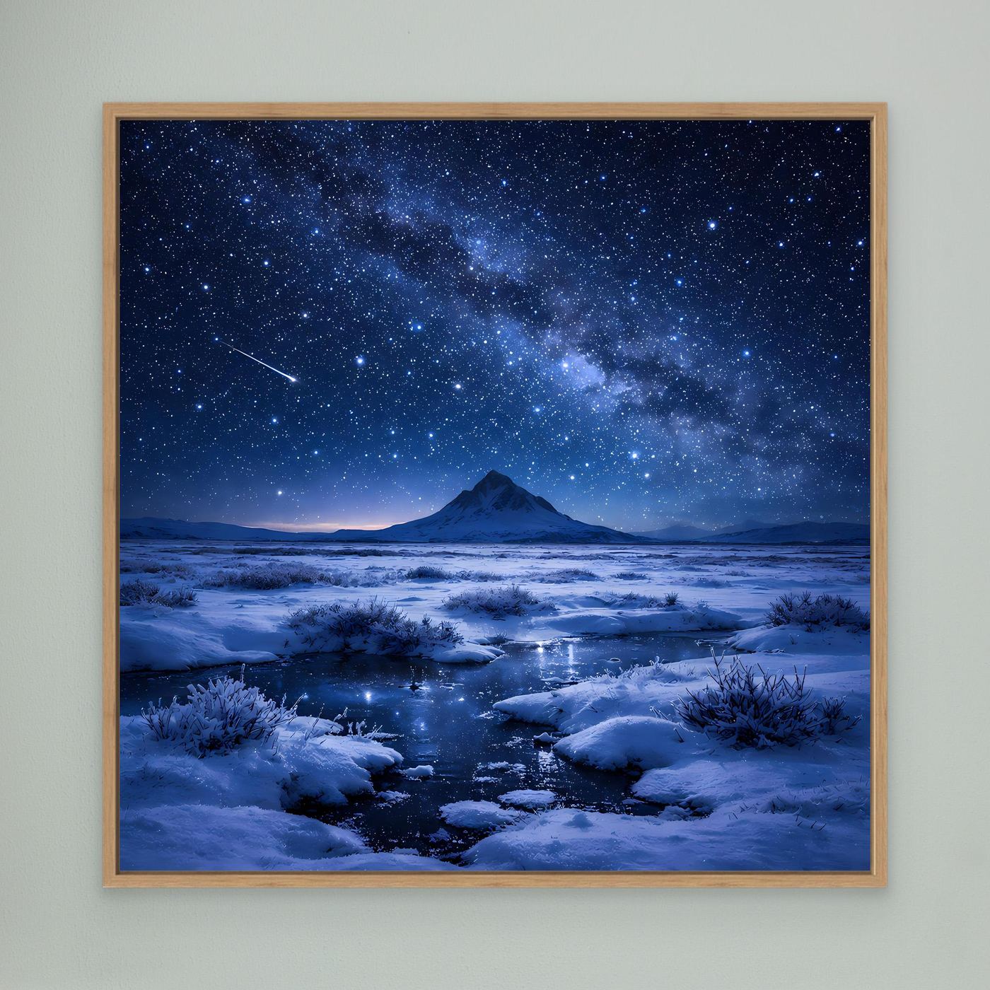 Leinwandbild Schneelandschaft mit Sternenhimmel, Polarlicht und Fluss im Eichenrahmen