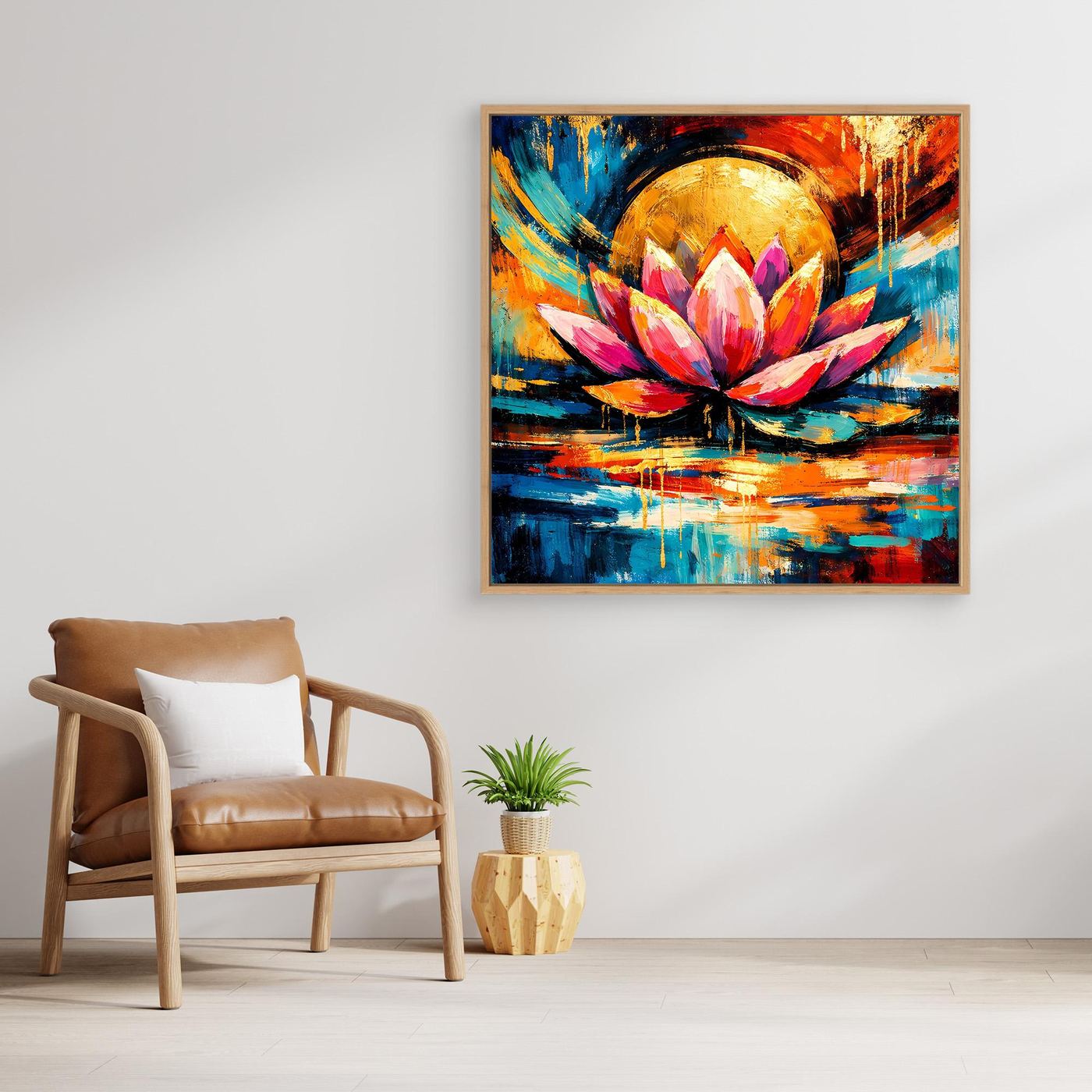 Gerahmtes Pop-Art Leinwandbild mit Lotusblüte, goldenem Ring, bunten Pinselstrichen und Wellen