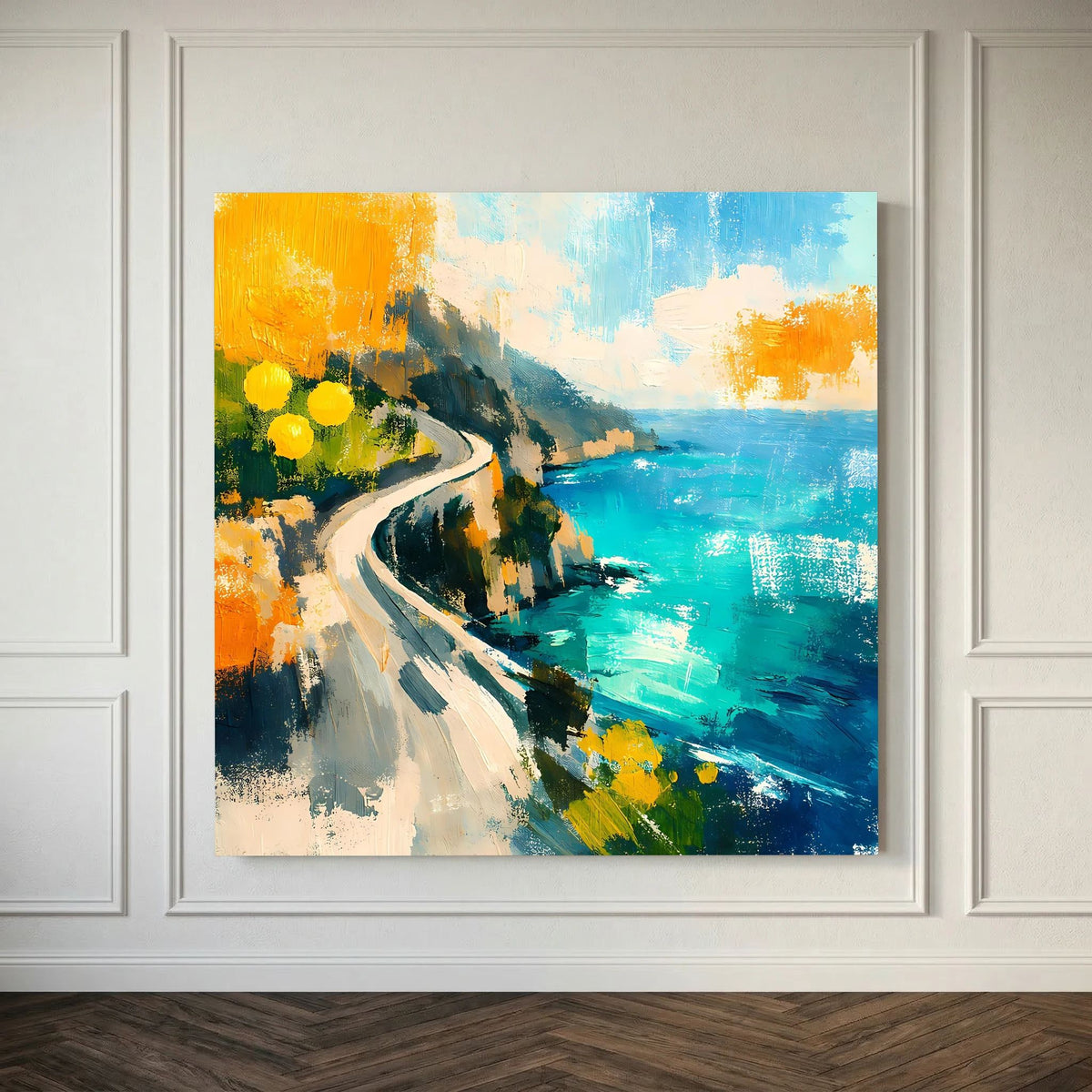 Abstraktes Leinwand-Wandbild mit Küstenstraße, türkisblauem Wasser und gelben Punkten
