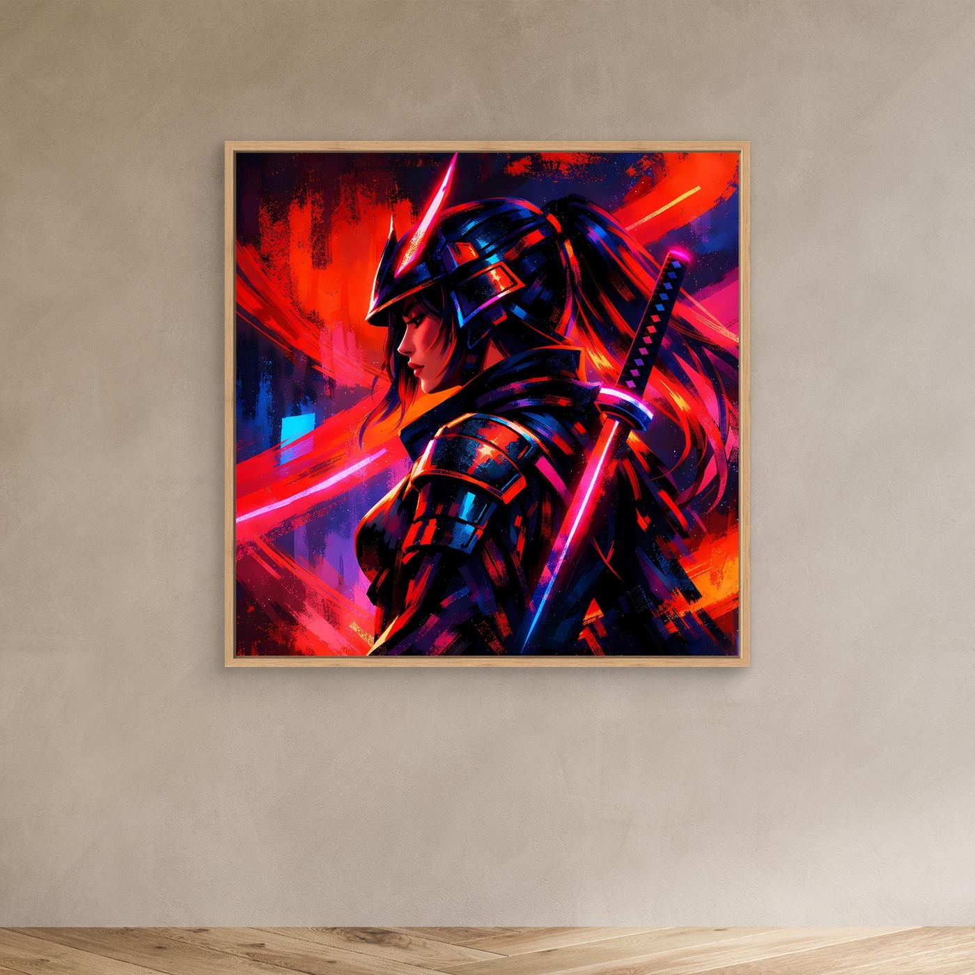 Neon-Leinwandbild Samurai-Kriegerin, abstrakte Grafik, heller Holzrahmen