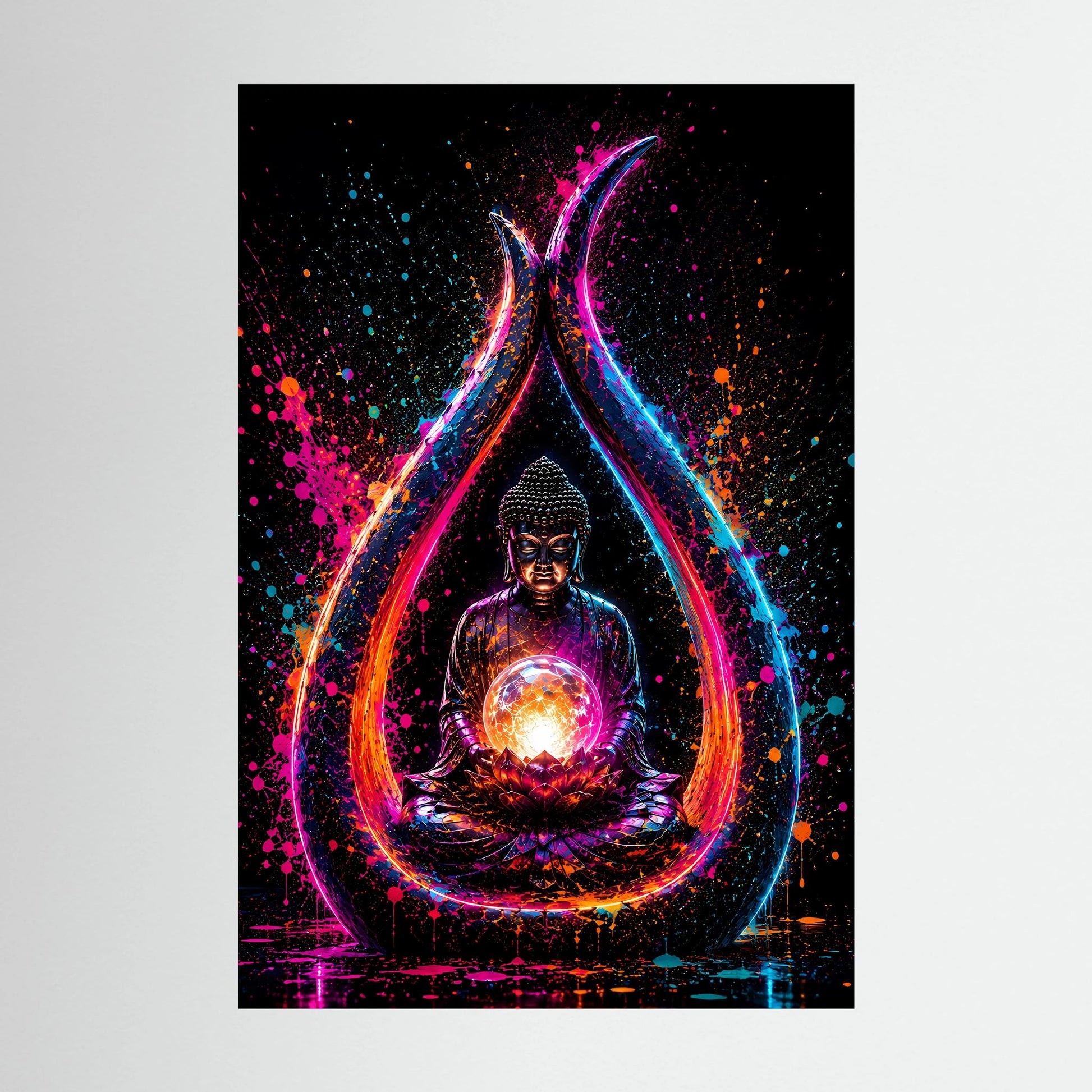 Buddha in Neonfarben | Meditation mit leuchtender Lotusblüte | Poster Hochformat