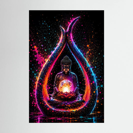 Hochformatiges Poster mit sitzendem Buddha und leuchtender Lotusblüte in Neonfarben