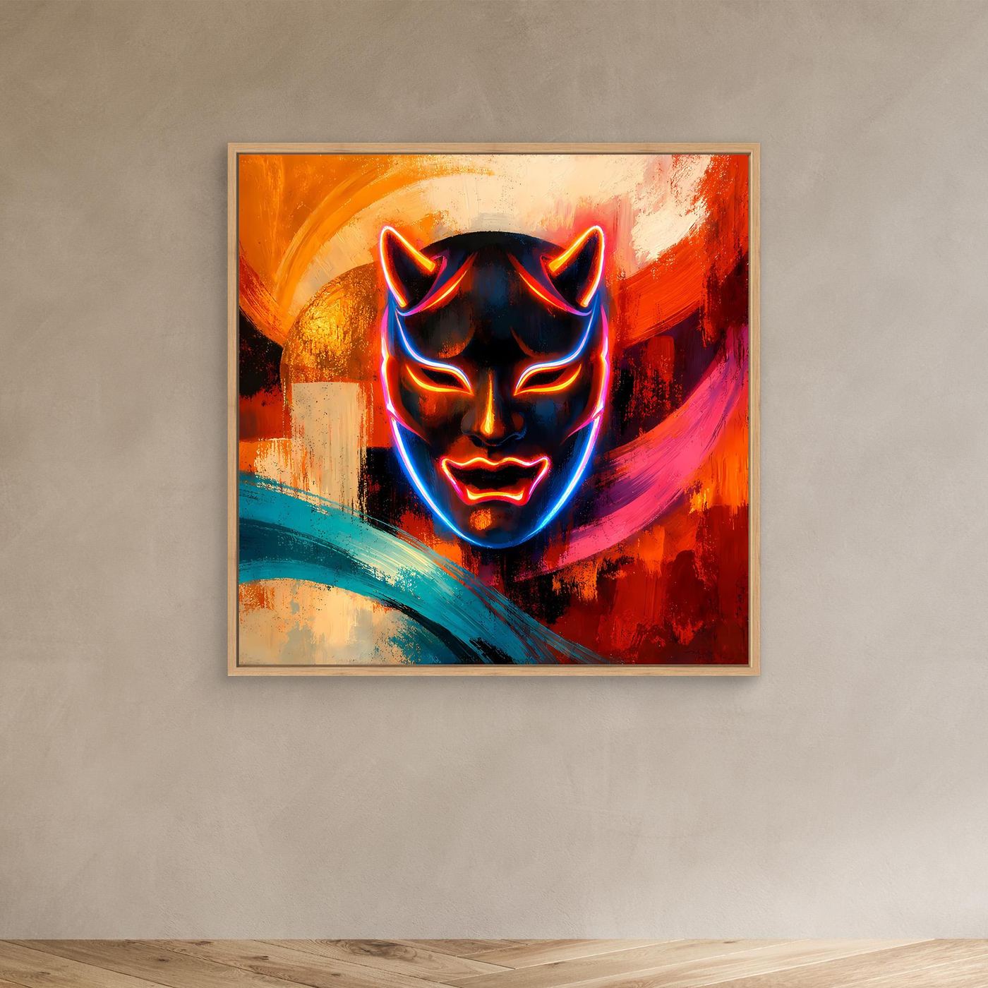 Leinwandbild mit Neon-Oni-Maske, orange-roter Hintergrund, türkis-blaue Wellenlinie, Rahmen