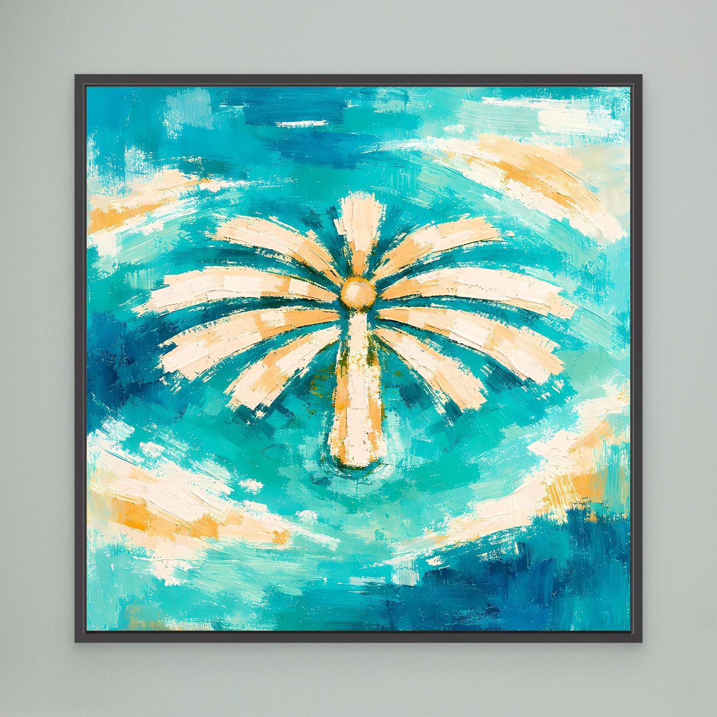 Leinwand Abstrakte Palme im Meer | Modernes Dubai Palmeninsel Wandbild Türkis