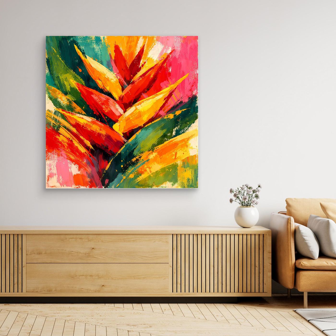 Leinwand Abstrakte Helikonie Blüte | Modernes Tropen Wandbild Bunt Exotisch
