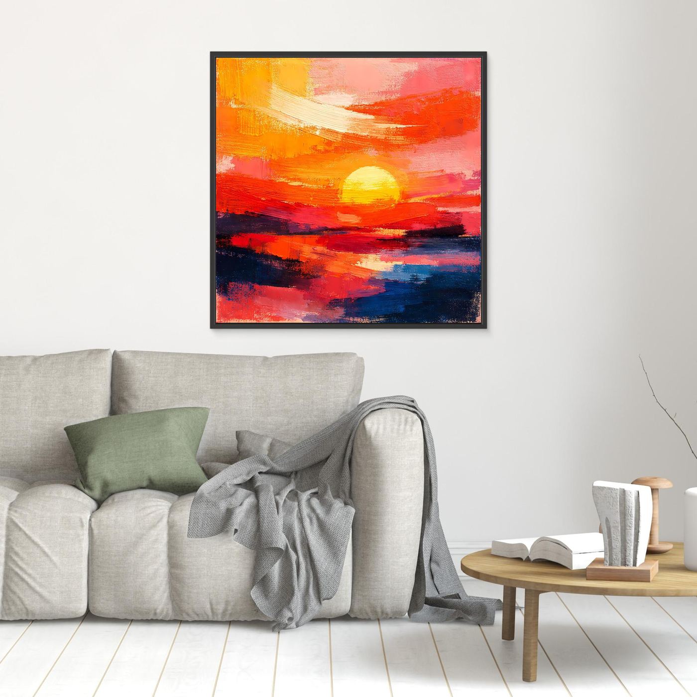 Abstract sunset seascape canvas wall art, black frame; yellow sun, orange sky, dark blue sea
