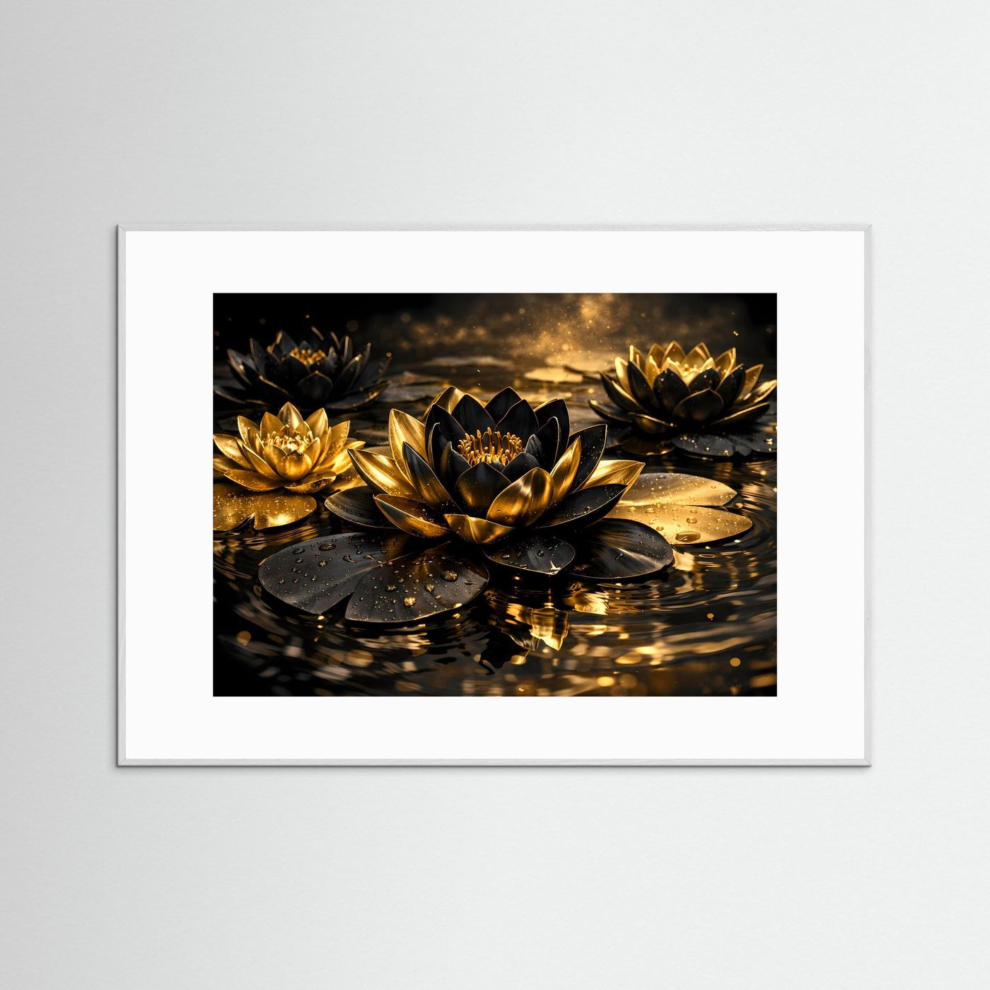 Wandbild mit goldenen Lotusblüten und Wasserreflexionen, weißer Rahmen