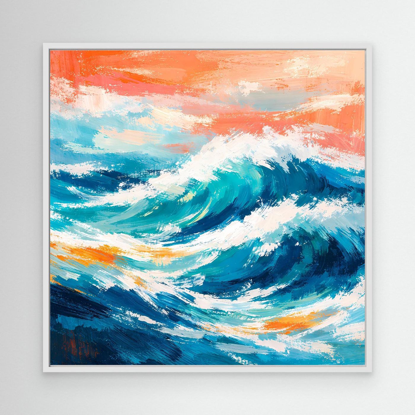 Leinwand-Wandbild: türkisblaue Welle mit weißen Schaumkronen, orange Himmel, ohne Rahmen