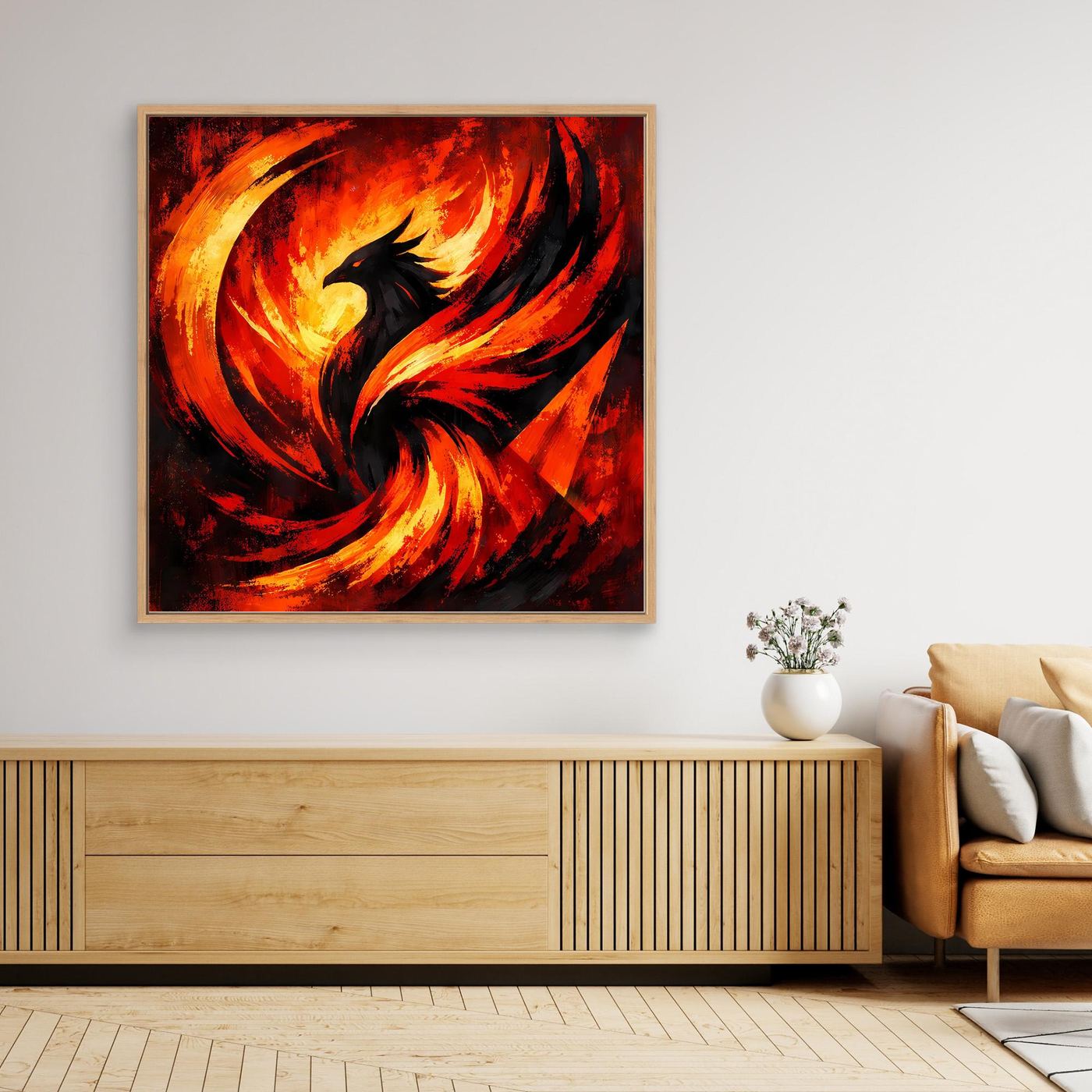 Leinwandbild mit Phönix in Flammen, feuerrot und orange, heller Holzrahmen