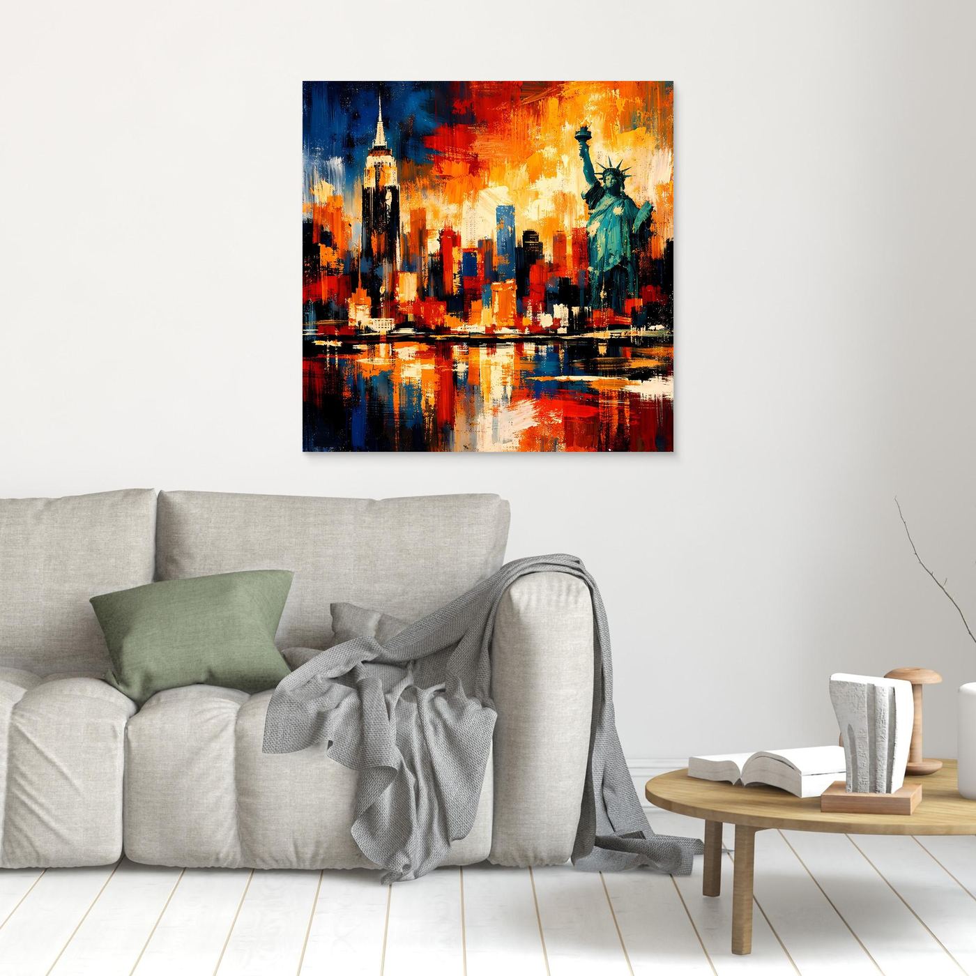 Leinwandbild mit abstrakter Skyline und Freiheitsstatue, rahmenlos