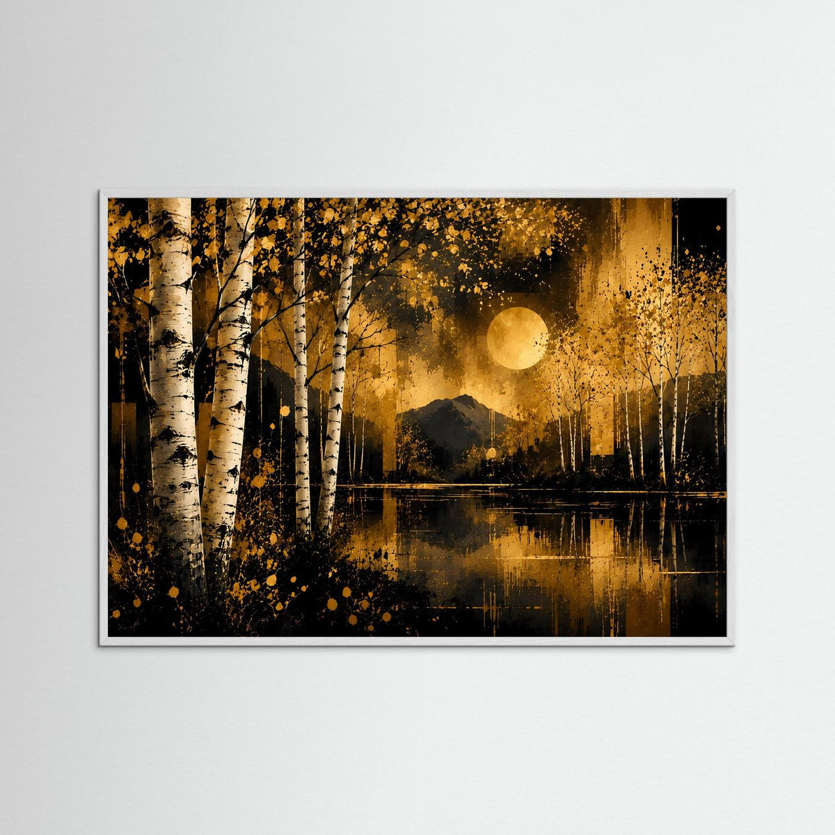 Querformatiges Poster mit Wald-See-Motiv und goldener Sonne im Holzrahmen
