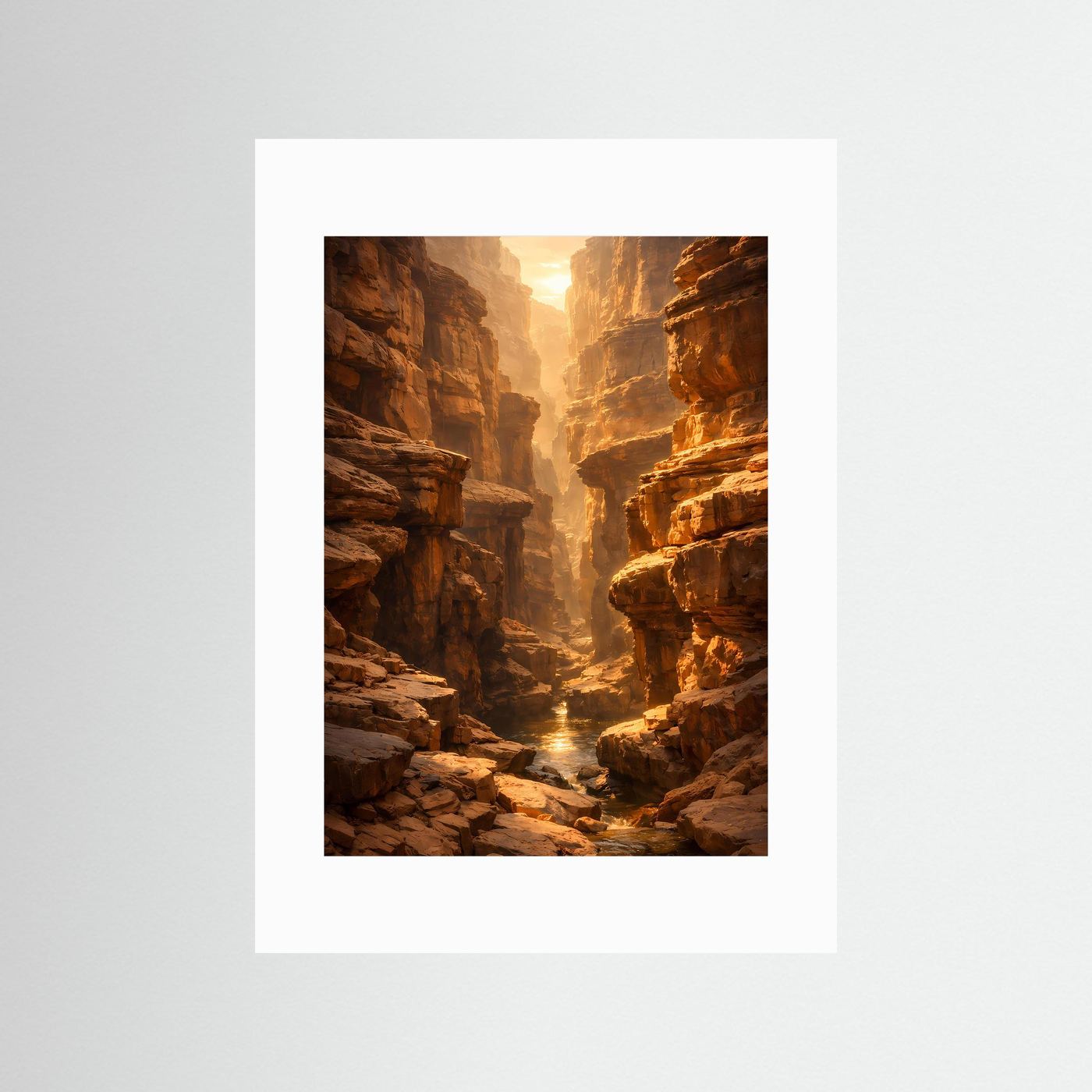 Canyon-Poster mit weißem Passepartout, Schlucht zwischen rötlich-braunen Felsen