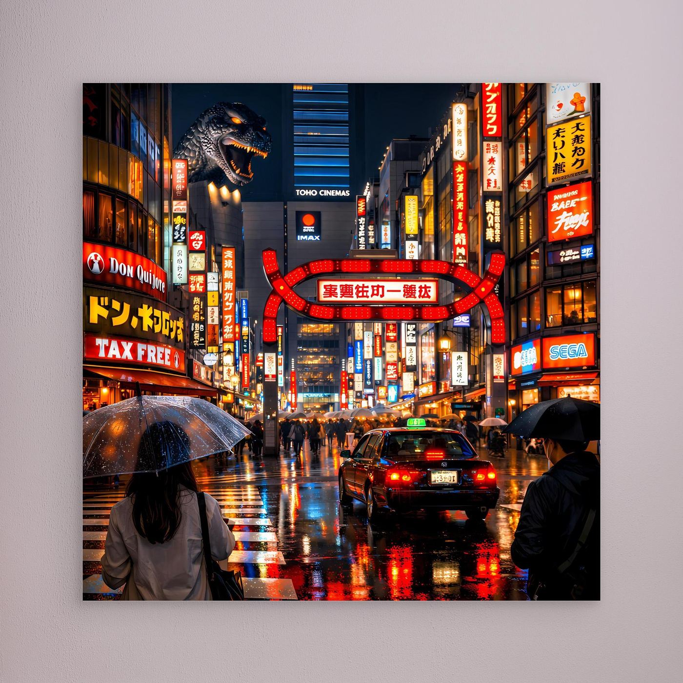 Leinwand Pulsierendes Tokio bei Nacht | Urbanes Kabukicho Kaiju Wandbild