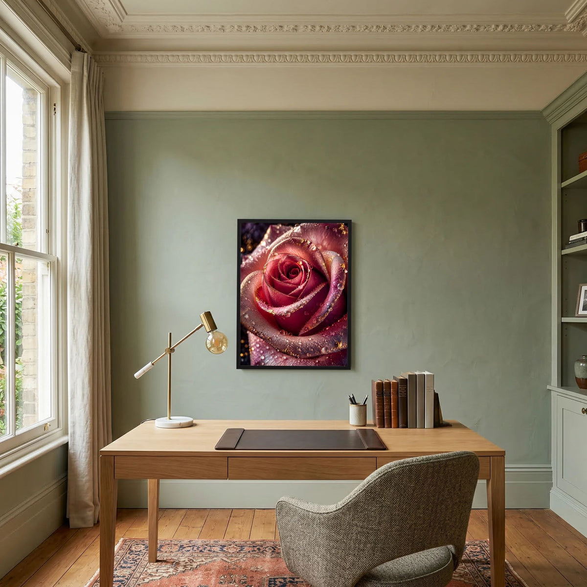 Hochformatiges Poster mit detaillierter Rosenblüte in Rot-Rosa, verziert mit Gold und Tropfen.