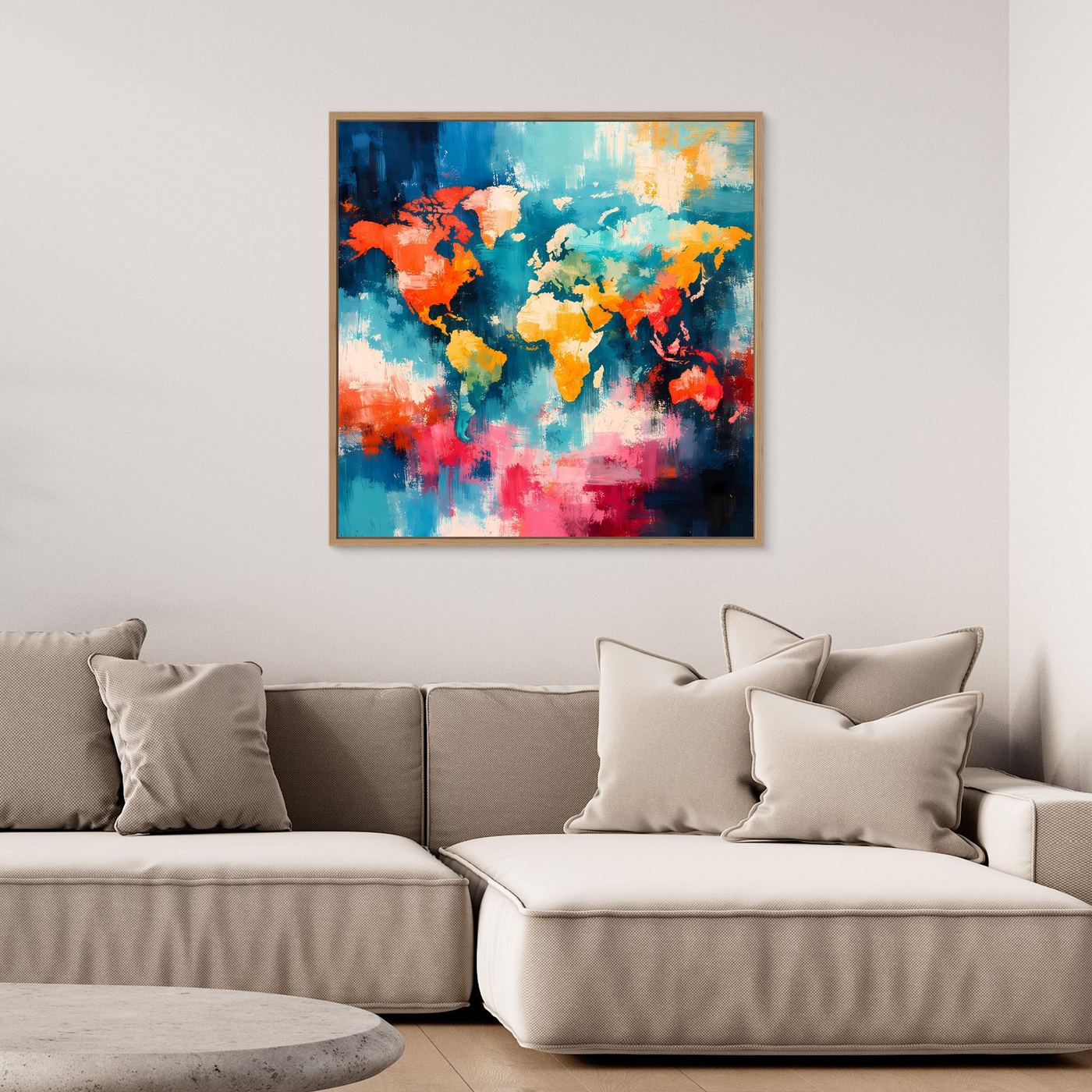 Framed abstract world map wall art in blue with orange, pink, yellow accents