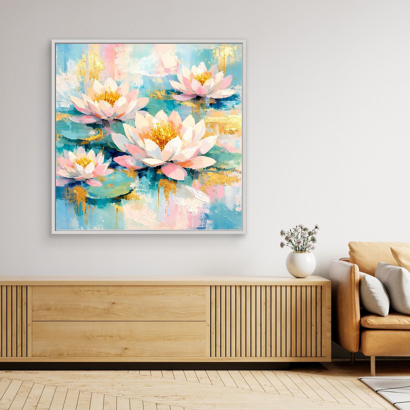 Leinwandbild mit Seerosen und abstraktem Wasser, rosa Blüten, helles Rahmenprofil