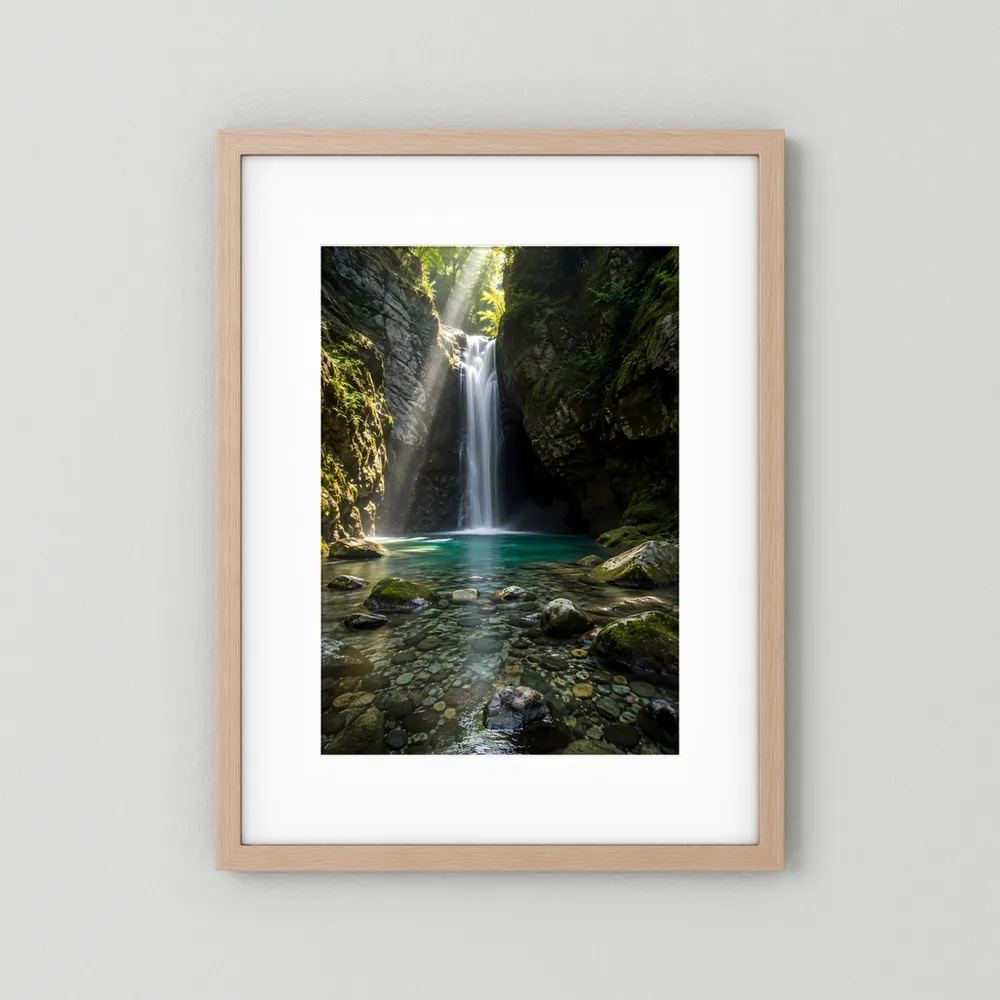 Hochformat-Poster mit hellem Holzrahmen und Passepartout: Wasserfall im grünen Canyon