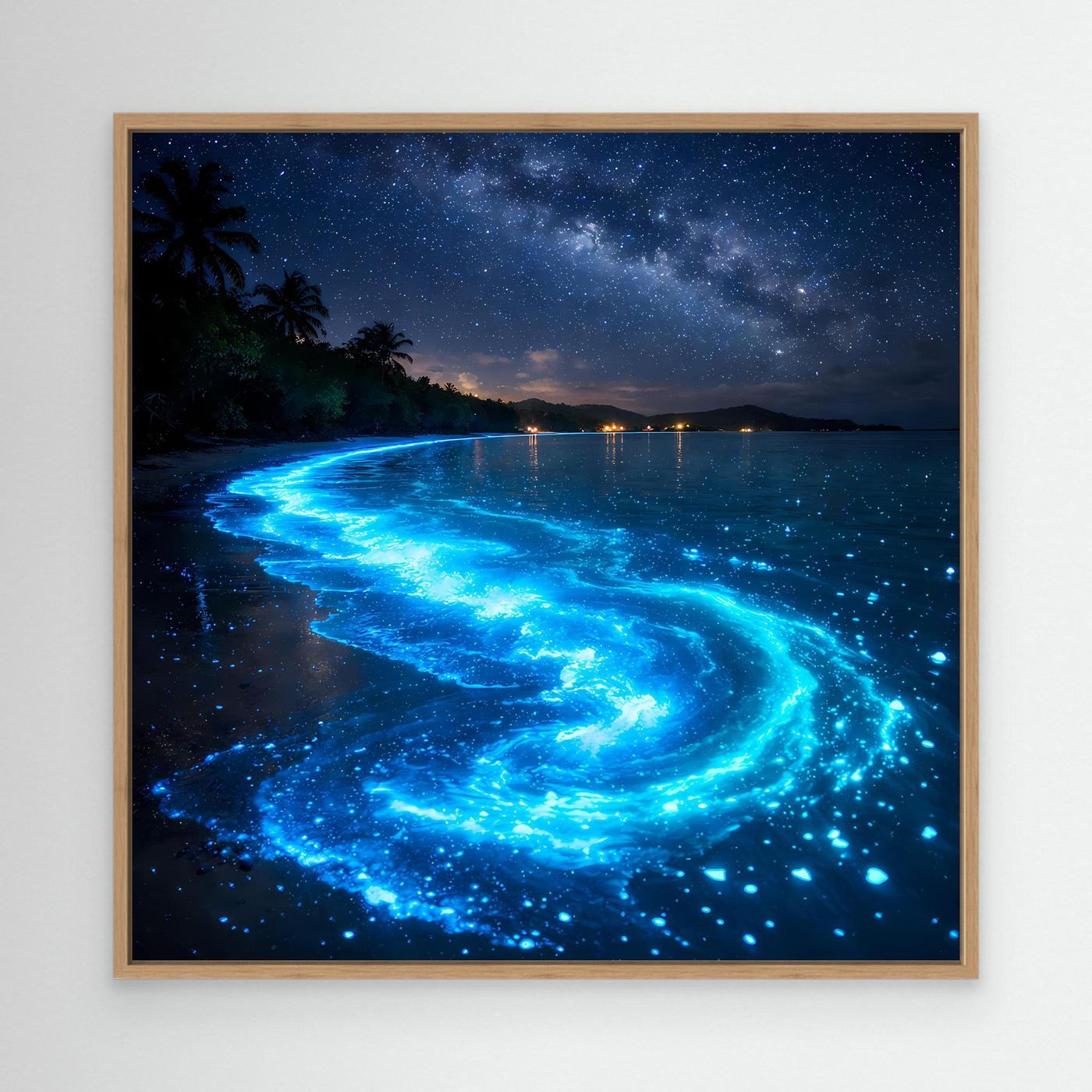 Leinwandbild Leuchtende Bucht mit blauem Biolumineszenz-Strand und Eichenrahmen