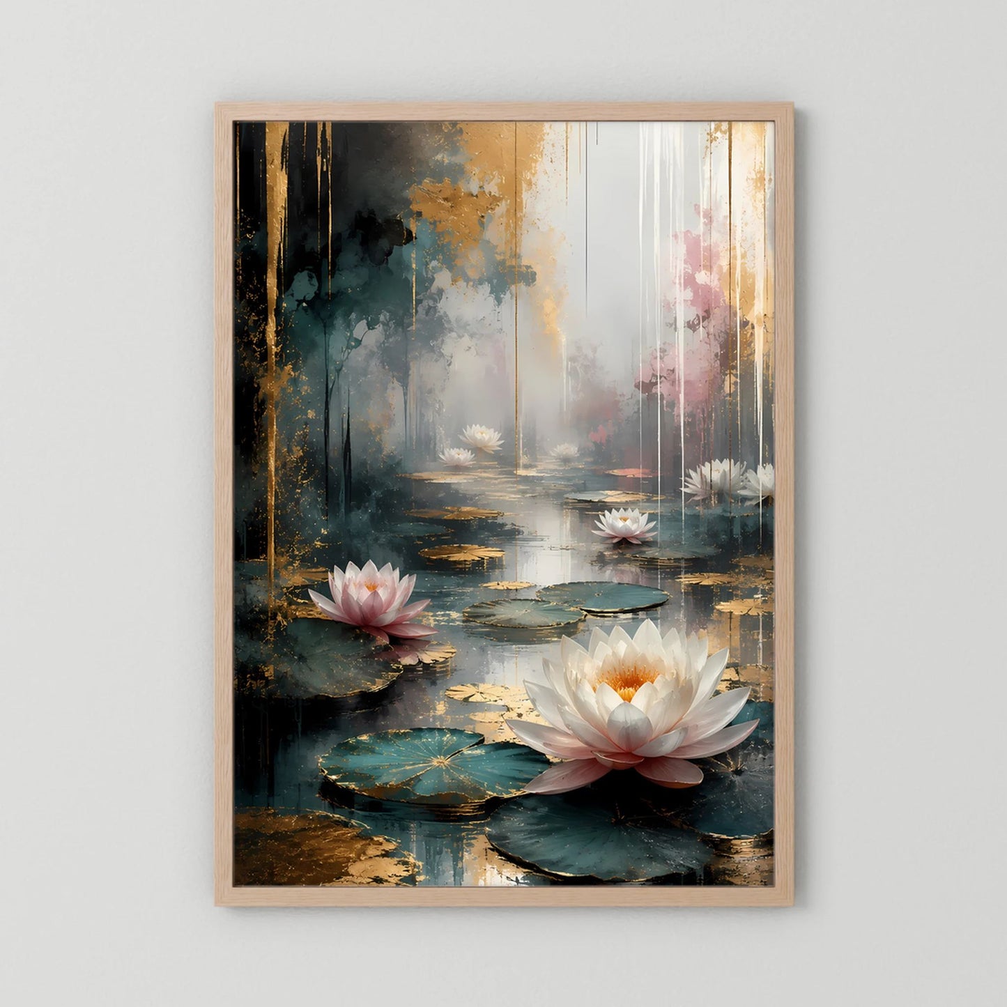 Poster mit Wasserlilien-Abstrakt in Weiß und Rosa, Holzrahmen hell, Hochformat