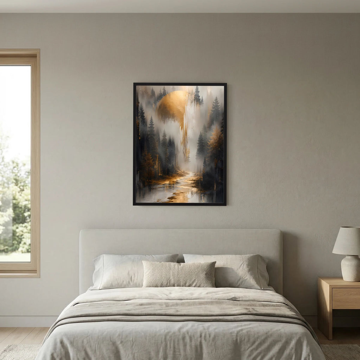 Gerahmtes Poster mit dunklem Wald, Fluss im Morgennebel, goldener Lichtfleck