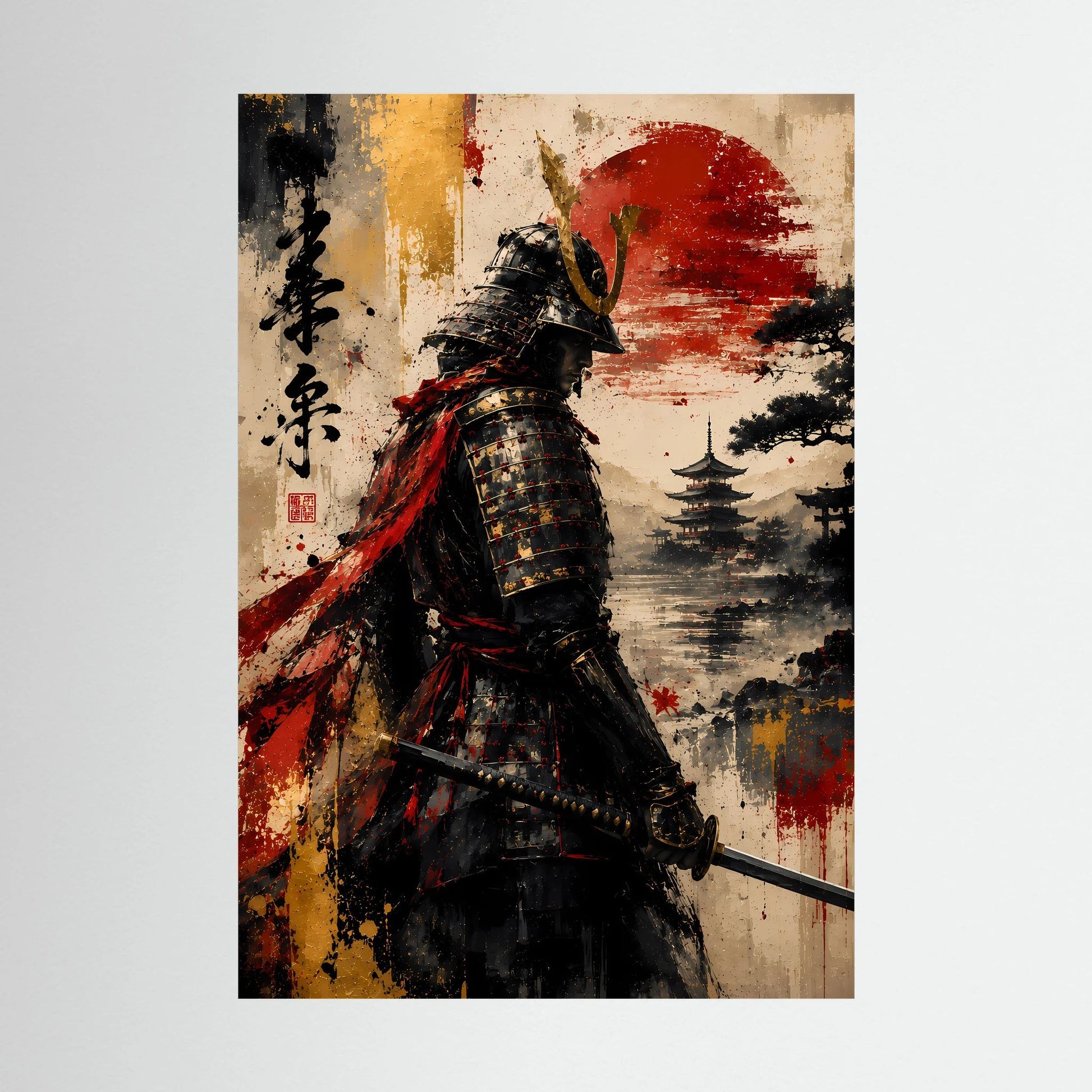 Japanisches Samurai-Poster: sitzender Blick nach vorn, dunkle Rüstung, roter Umhang, Katana