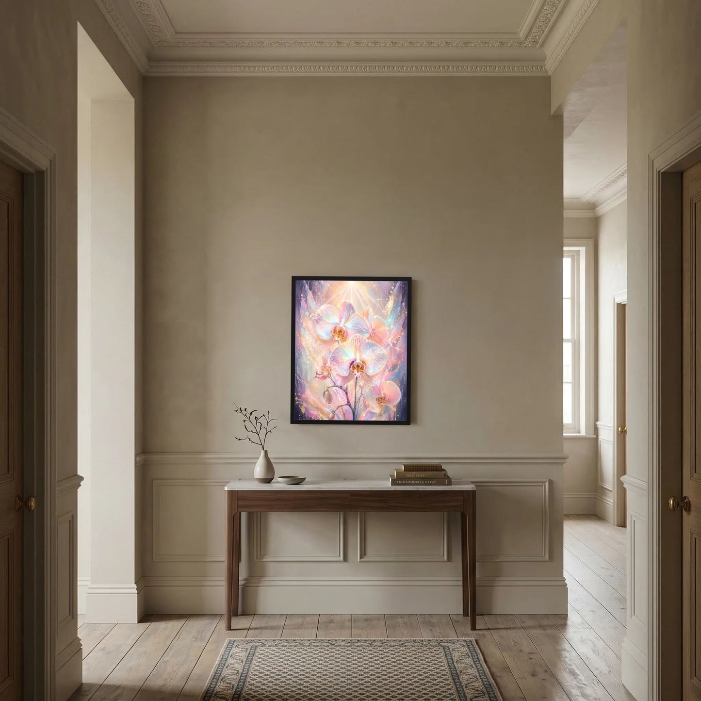 Orchideen-Poster mit pastellfarbenen Orchideen im schwarzen Rahmen an Wandnische