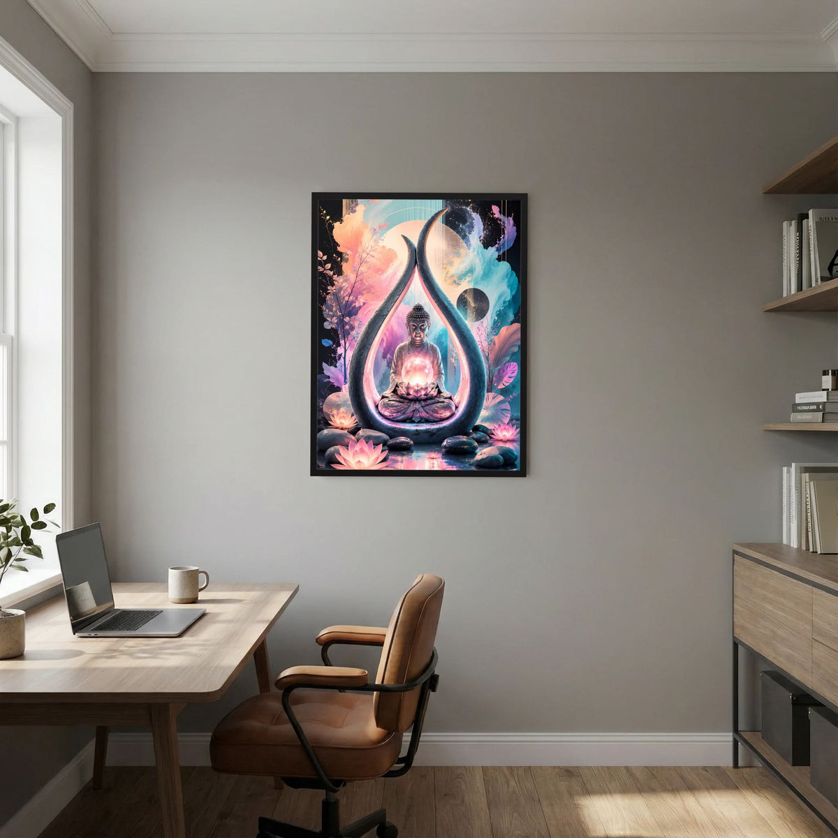 Hochformat-Poster mit Buddha in Tropfenform, umgeben von Lotusblüten, mehrfarbig, schwarzer Rand