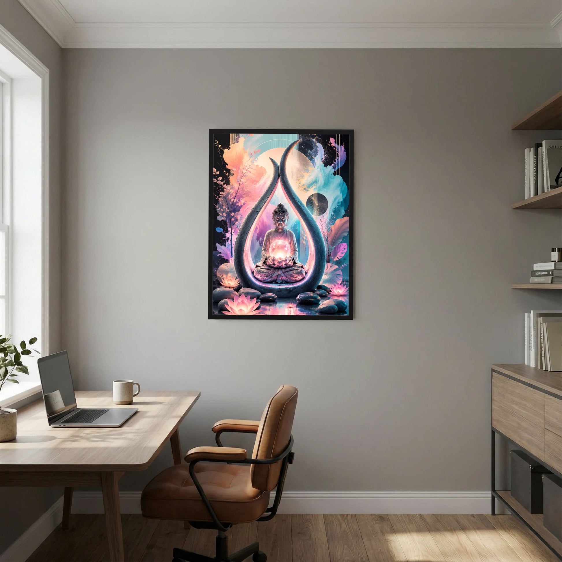 Hochformat-Poster mit Buddha in Tropfenform, umgeben von Lotusblüten, mehrfarbig, schwarzer Rand