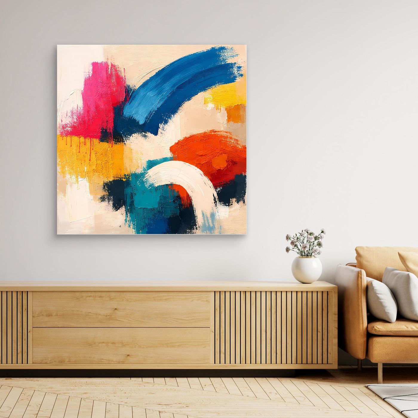 Abstract canvas wall art with red, blue, yellow, orange, and white brushstrokes