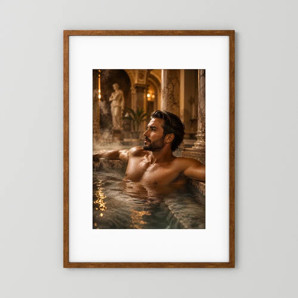 Gerahmtes Thermalbad-Poster: Mann im Innenbecken, seitlich im warmen Wasser