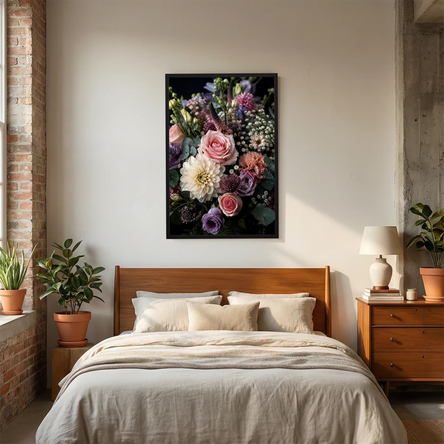 Blumenstrauß-Poster Hochformat mit rosafarbener Rose und bunten Blüten, schwarzer Rahmen