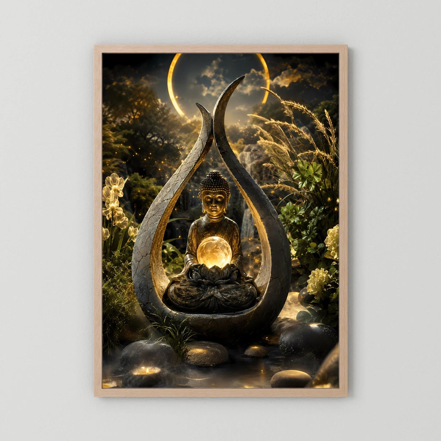 Hochformatiges Kunstposter: meditierrender Buddha mit goldener Lichtkugel im Tropfen-Relief, Holzrahmen