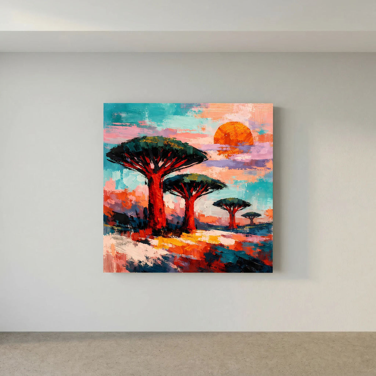 Kleines Leinwandbild an der Wand: abstrakte Savannenbäume mit orangefarber Sonne