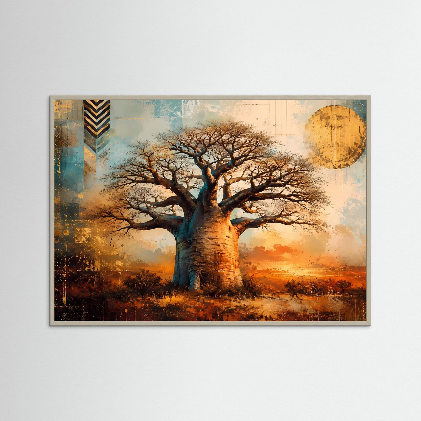 Majestätischer Baobab-Baum im Sonnenuntergang | Modernes Wandbild mit Natur-Motiv & Gold-Akzenten