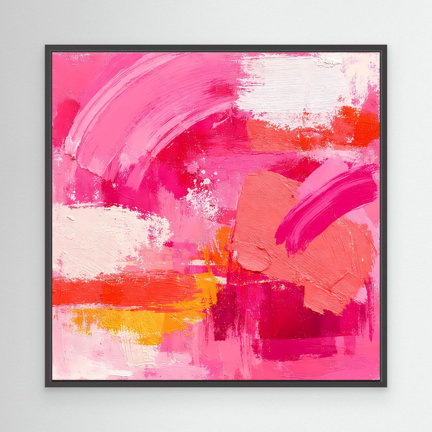 Abstraktes Leinwandbild im schwarzen Rahmen, rosa Farbfelder mit orange und weißem Auftrag.