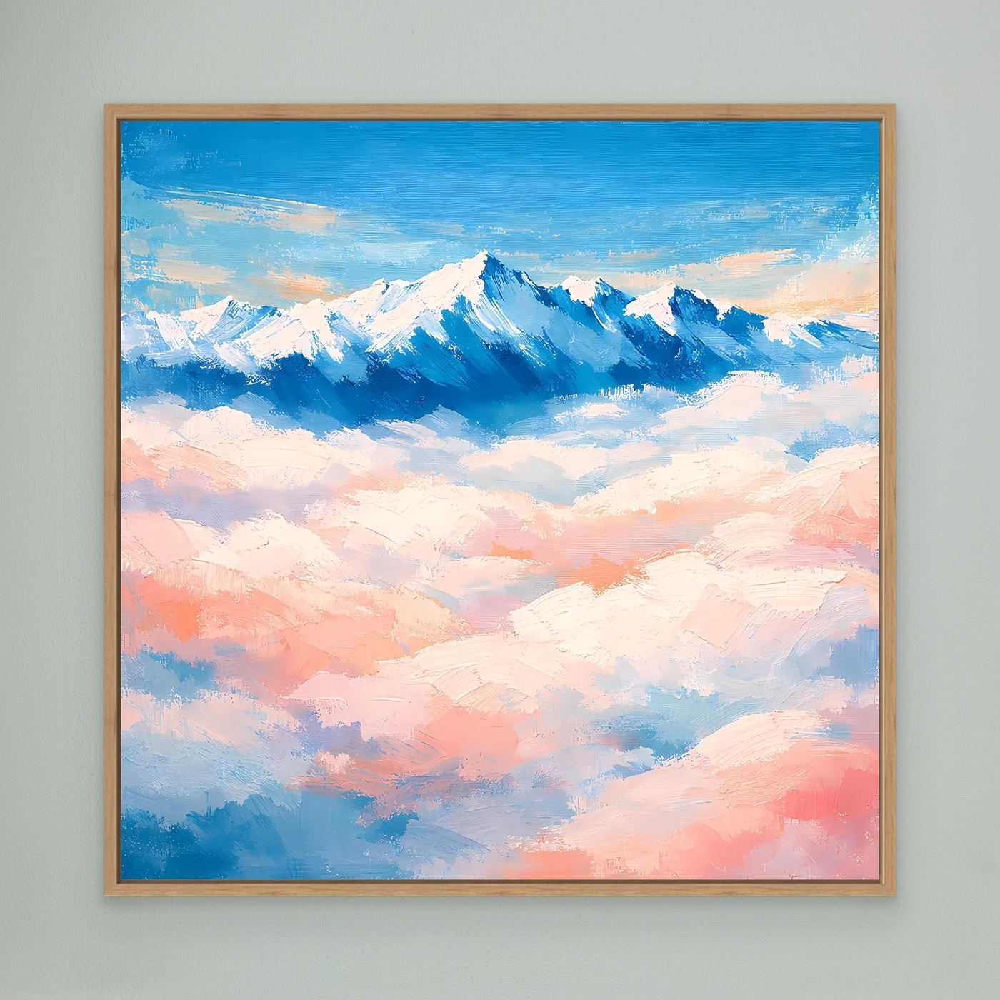 Abstraktes Leinwandbild mit verschneiten Berggipfeln über Wolken, Eichenrahmen