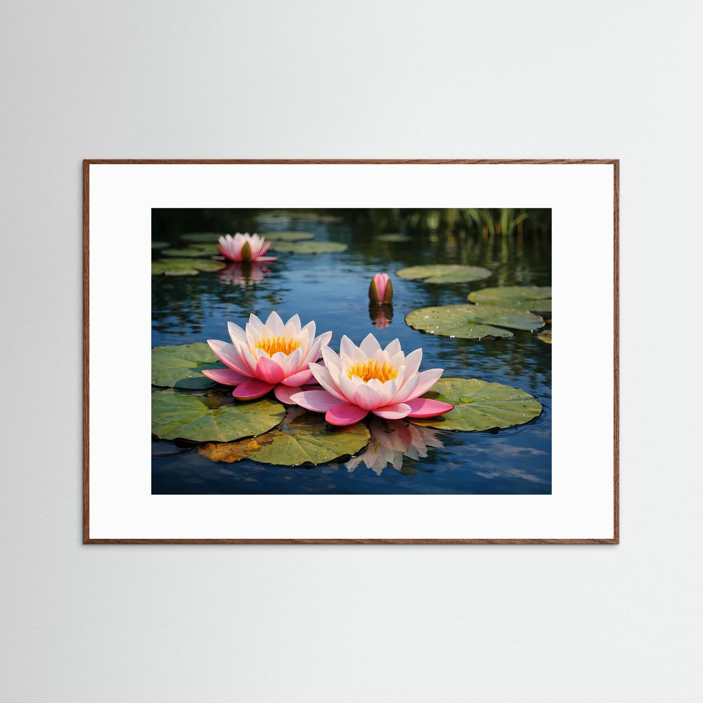 Naturposter mit rosa und weißen Seerosen auf ruhigem Teich, brauner Holzrahmen
