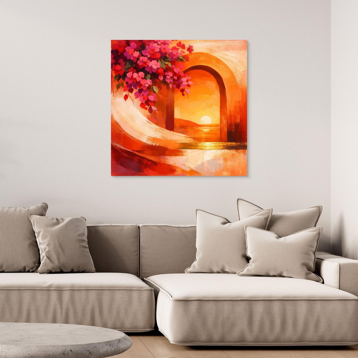 Gerahmtes quadratisches Leinwandbild mit mediterranem Torbogen, roten Blüten und Sonnenuntergang