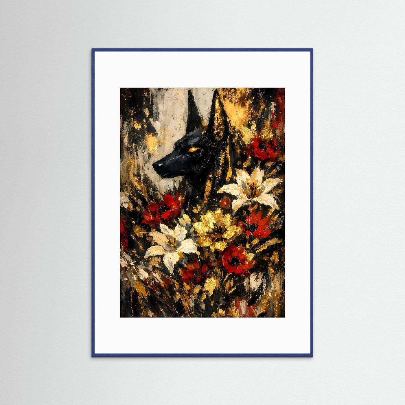 Gerahmtes Hochformat-Poster: schwarzer Hundekopf mit Blumen, abstrakter Farbdruck, blauer Rahmen